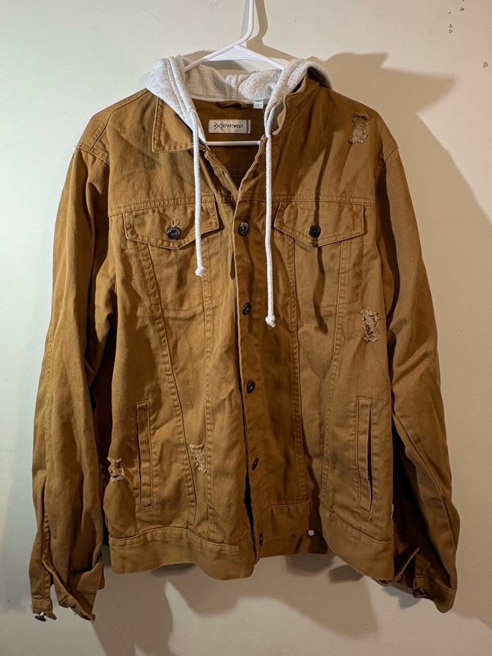 Departwest brown canvas hooded trucker jacket men’s large distressed detailing